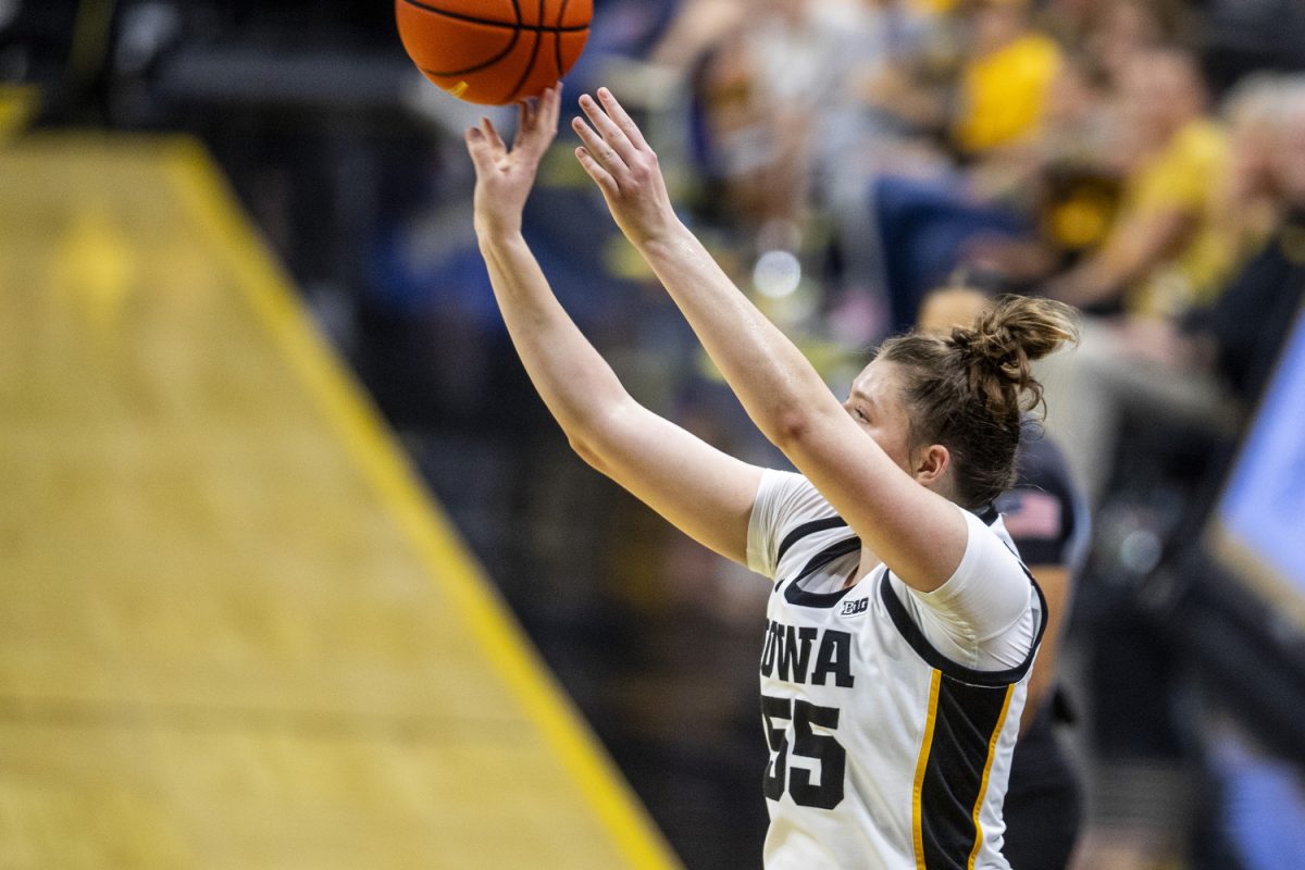 Iowa guard Teagan Mallegni goes up for a shot during a women’s basketball game between Iowa and Missouri Western State at Carver-Hawkeye Arena in Iowa City on Wednesday, Oct. 30, 2024. Mallegni had 18 points and three rebounds. The Hawkeyes defeated the Griffons 110-55.