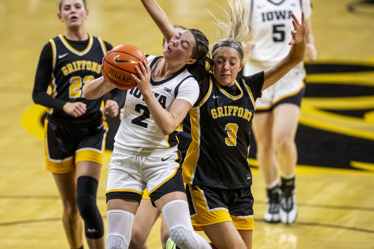 Iowa guard Taylor McCabe goes up for a shot during a women’s basketball game between Iowa and Missouri Western State at Carver-Hawkeye Arena in Iowa City on Wednesday, Oct. 30, 2024. McCabe had eight points and seven rebounds. The Hawkeyes defeated the Griffons 110-55.