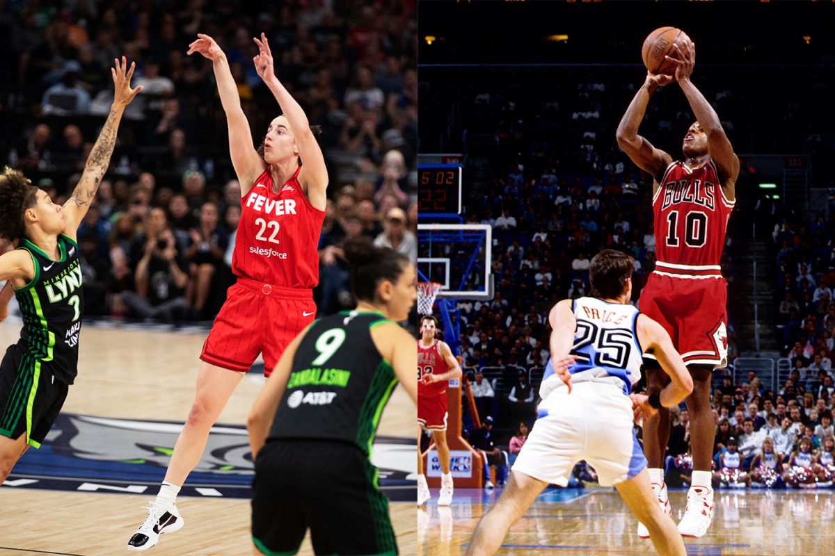 (Left) Indiana guard Caitlin Clark shoots over Minnesota guard Natasha Hiedeman during a WNBA game between the Minnesota Lynx and the Indiana Fever at the Target Center in Minneapolis, Minn., on Aug. 24. The Lynx defeated the Fever, 90-80. Isabella Tisdale / The Daily Iowan (Right) Unknown date 1995; Cleveland, OH, USA; FILE PHOTO; Chicago Bulls guard B.J. Armstrong (10) in action against the Orlando Magic at the Orlando Arena. RVR Photos-Imagn Images