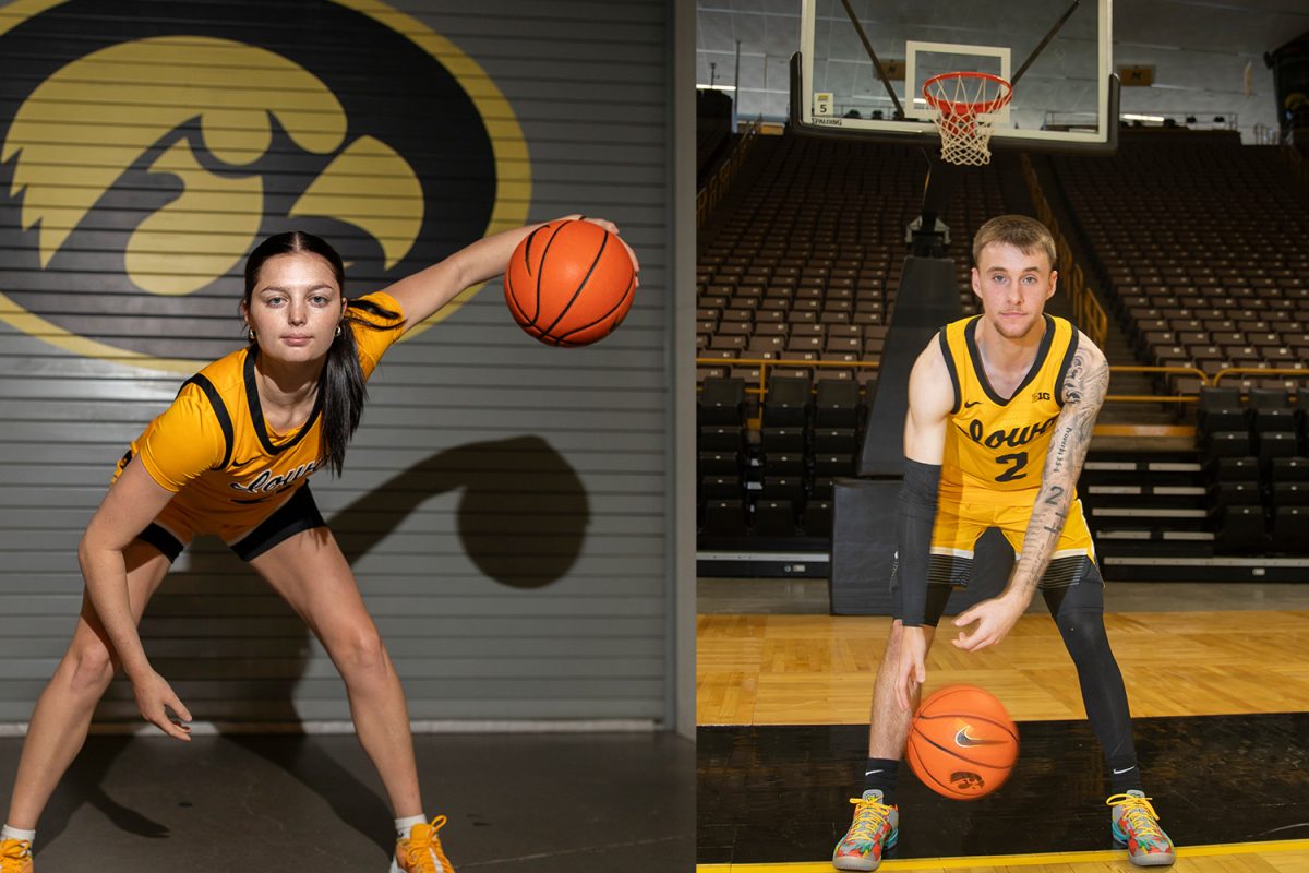 (Left) Iowa guard Taylor McCabe poses for a portrait during Iowa women’s media day at Carver-Hawkeye Arena in Iowa City on Oct. 10. (Right) Iowa guard Brock Harding poses for a portrait during men’s basketball media day at Carver-Hawkeye Arena in Iowa City on Oct. 7. 