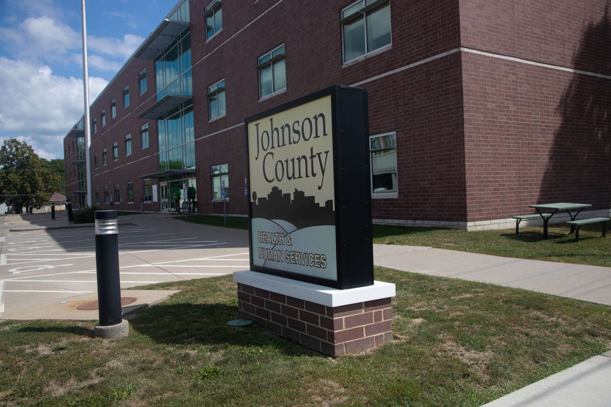 Johnson County Public Health building sign is seen Iowa City on Aug. 27, 2023 The public health building recently started a mental health website. 