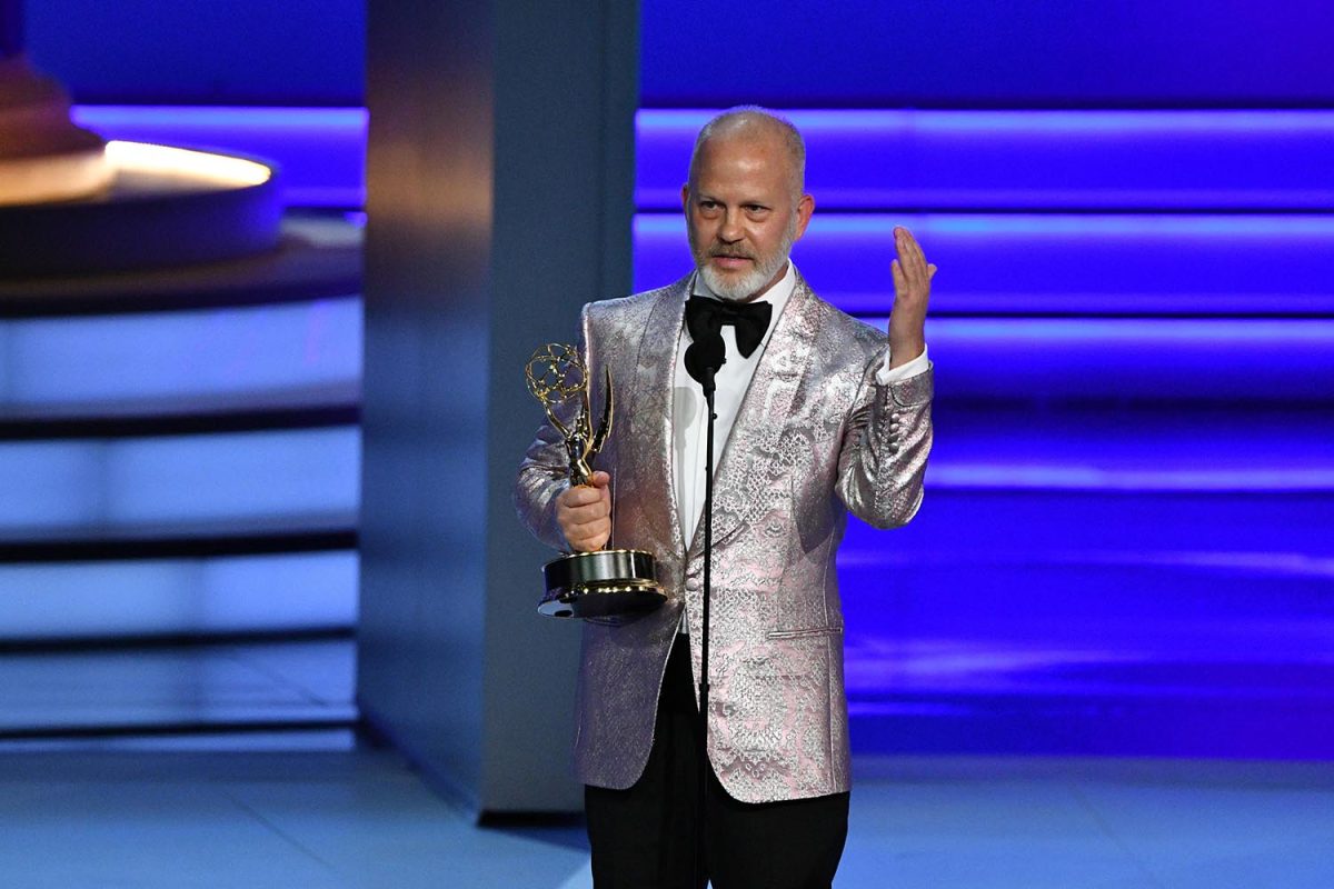 Sep 17, 2018; Los Angeles, CA, USA; Ryan Murphy accepts the the award for outstanding directing for a limited series, movie or dramatic special for his work on the FX Networks mini-series “The Assassination Of Gianni Versace: American Crime Story”  during the 70th Emmy Awards at the Microsoft Theater. 