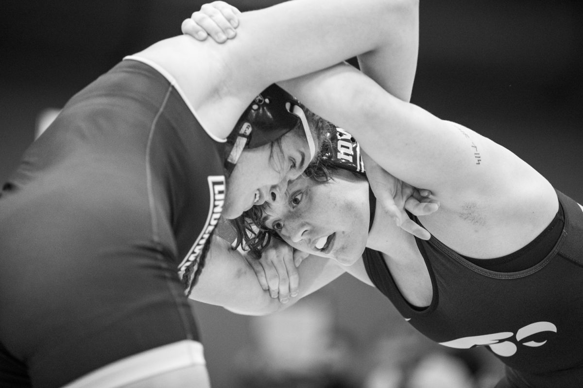 Iowa 180-pound Naomi Simon wrestles Lindenwood University’s Alana Duggan during the Luther Hill Open Titles at the Blake Field House in Indianola, Iowa, on Saturday, Nov. 2, 2024. Iowa ended the tournament with six champions and an overall record of 58-17.