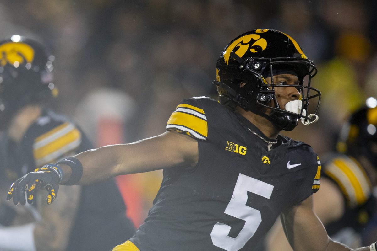 Iowa wide receiver Jacob Gill runs during a football game between Iowa and Wisconsin at Kinnick Stadium on Saturday, Nov. 2, 2024. The Hawkeyes defeated the Badgers 42-10. (Emma Calabro/The Daily Iowan)