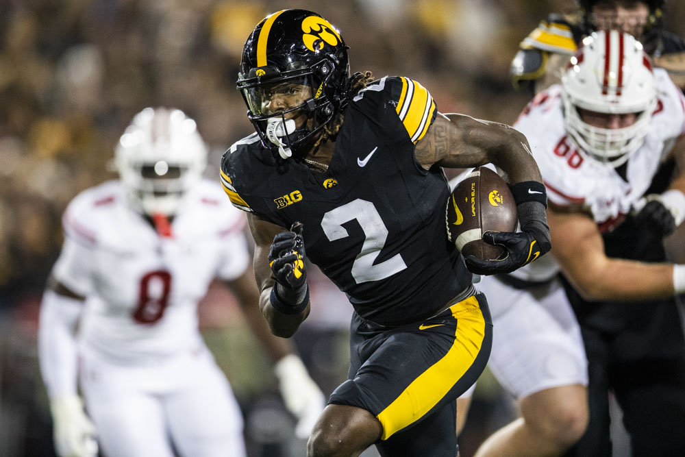 Iowa running back Kaleb Johnson runs into the end zone for an Iowa tocuhdown during a football game between Iowa and Wisconsin at Kinnick Stadium on Saturday, Nov. 2, 2024. The Hawkeyes defeated the Badgers 42-10.