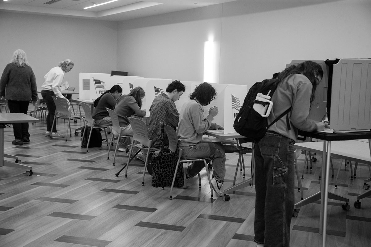 Voters fill out their ballots at Catlett Residence Hall on Election Day in Iowa City on Tuesday, Nov. 5, 2024.