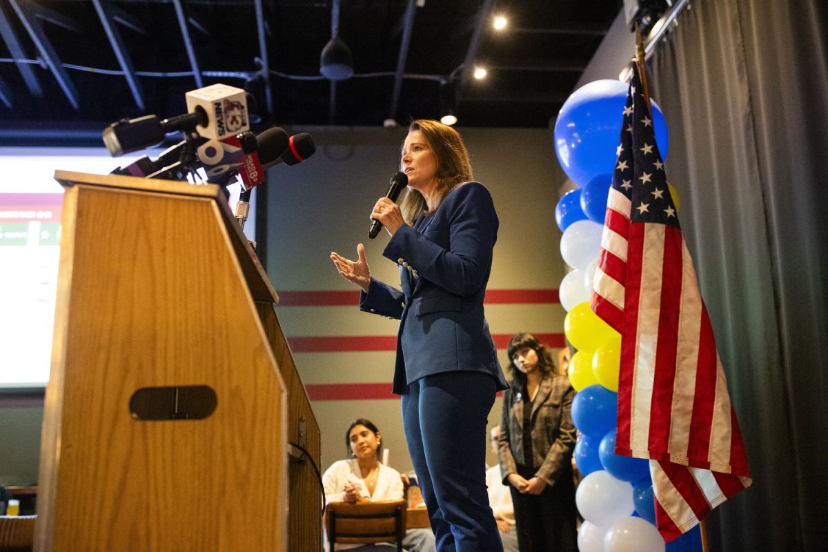 Christina Bohannan adresses the crowd at her watch party as a canidate for the United States House of Representatives in Iowa City on Tuesday, Nov. 5, 2024.