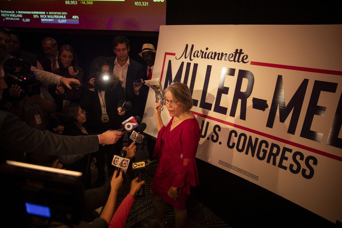 Congresswoman Mariannette Miller-Meeks displays the Des Moines Registers recent Selzer Poll at Riverside Casino &amp; Golf Resort on Election Day in Riverside, Iowa on Tuesday, Nov. 5, 2024. Republican Incumbent Miller-Meeks appeared to win the election for Iowa’s First Congressional District against Democratic Candidate Christina Bohannan in a close race Tuesday night.