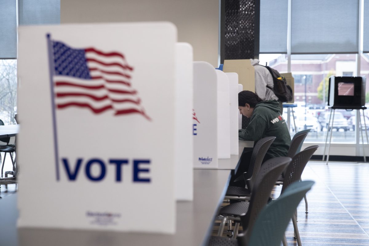 Students vote at Petersen Residence Hall on Election Day in Iowa City on Tuesday, Nov. 5, 2024. Six of Iowa City’s precincts were on the University of Iowa campus for students and other residents.