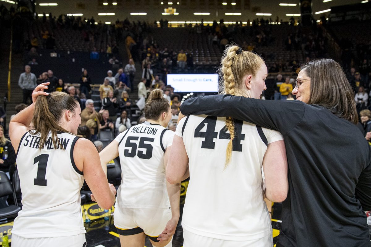 Iowa forward Addison O'Grady and assistant coach Randi Henderson exchange words following a women’s basketball game between Iowa and Northern Illinois at Carver-Hawkeye Arena in Iowa City on Wednesday, Nov. 6, 2024. The Hawkeyes defeated the Huskies 91-73.