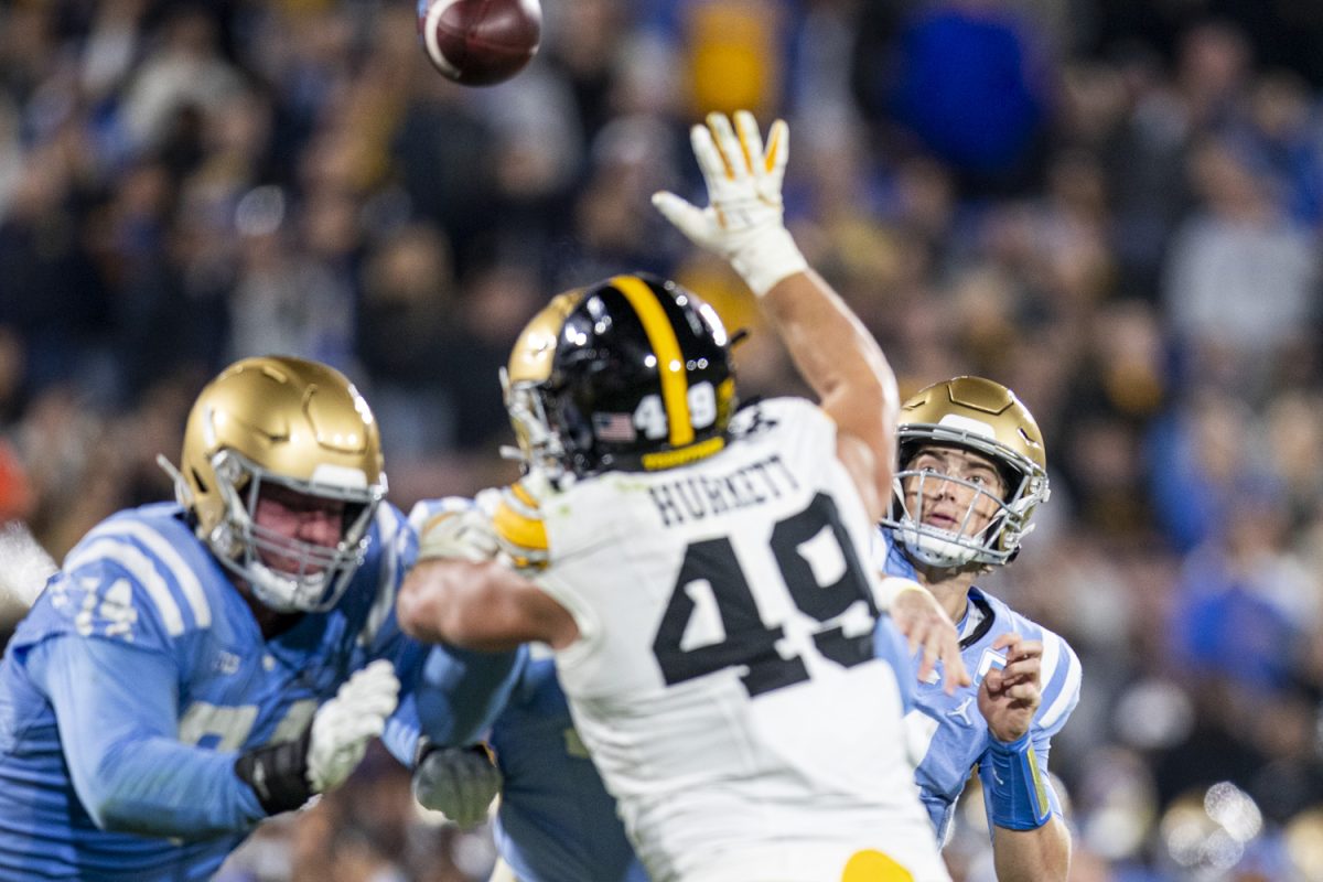 UCLA quarterback Ethan Garbers passes the ball during a football game between Iowa and UCLA at the Rose Bowl Stadium in Pasadena, Calif. on Friday Nov. 8, 2024.