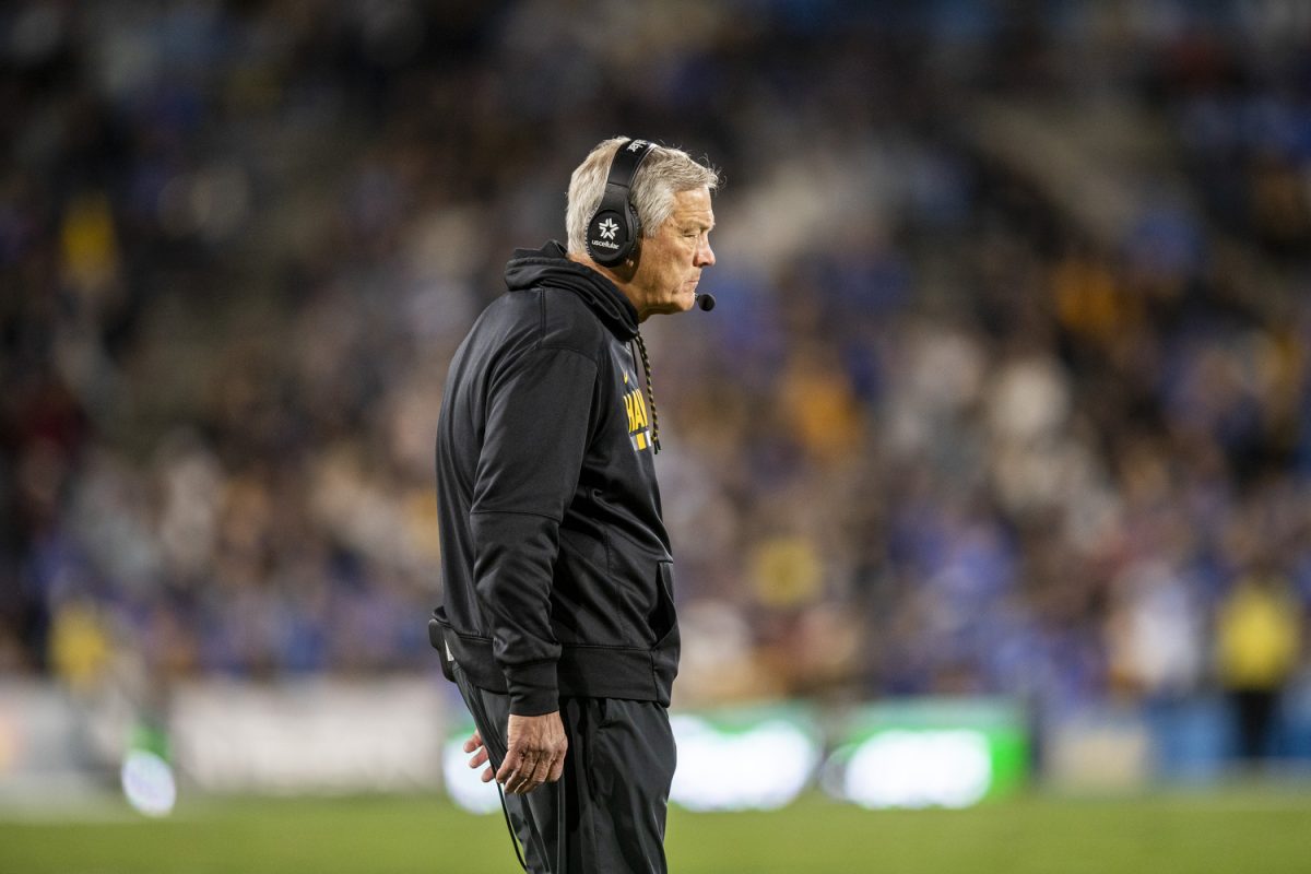 Iowa head coach Kirk Ferentz observes players during a football game between Iowa and UCLA at the Rose Bowl Stadium in Pasadena, Calif. on Friday Nov. 8, 2024. The Bruins defeated the Hawkeyes 20-17.