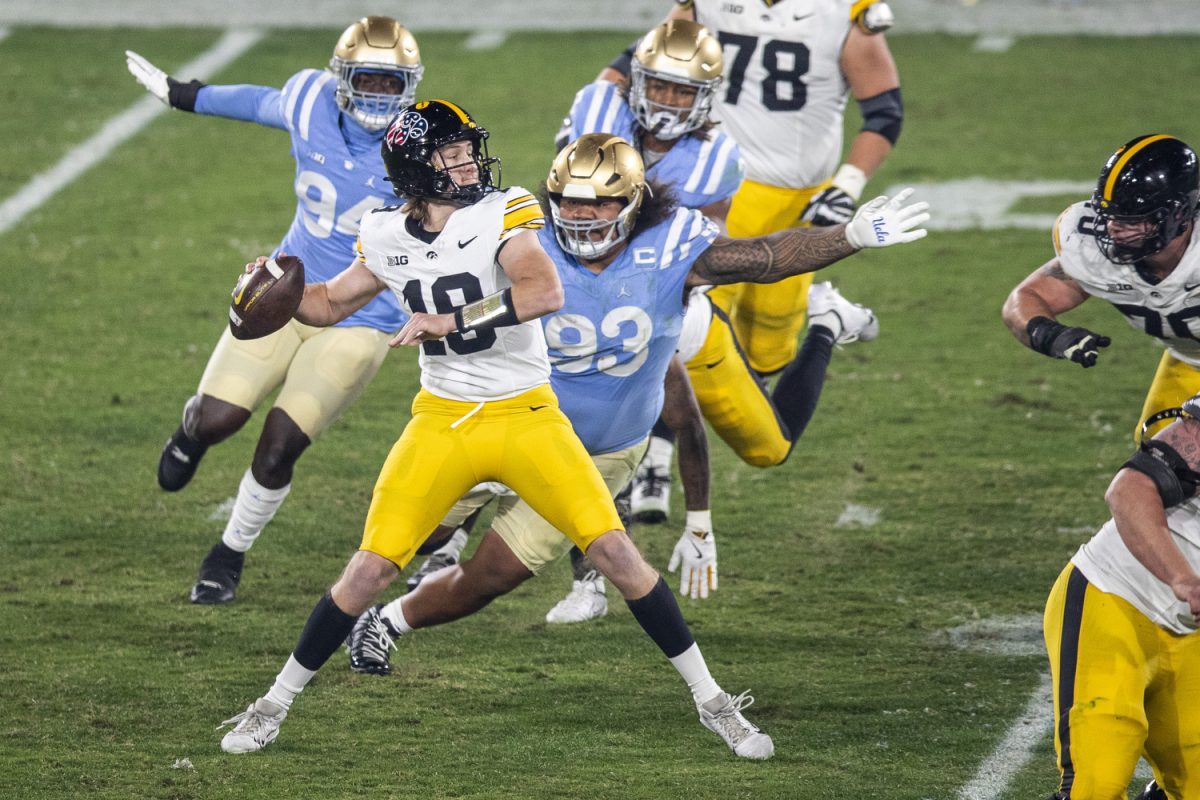 Iowa quarterback Jackson Stratton passes the ball during a football game between Iowa and UCLA at the Rose Bowl Stadium in Pasadena, Calif. on Friday Nov. 8, 2024. The Bruins defeated the Hawkeyes 20-17.