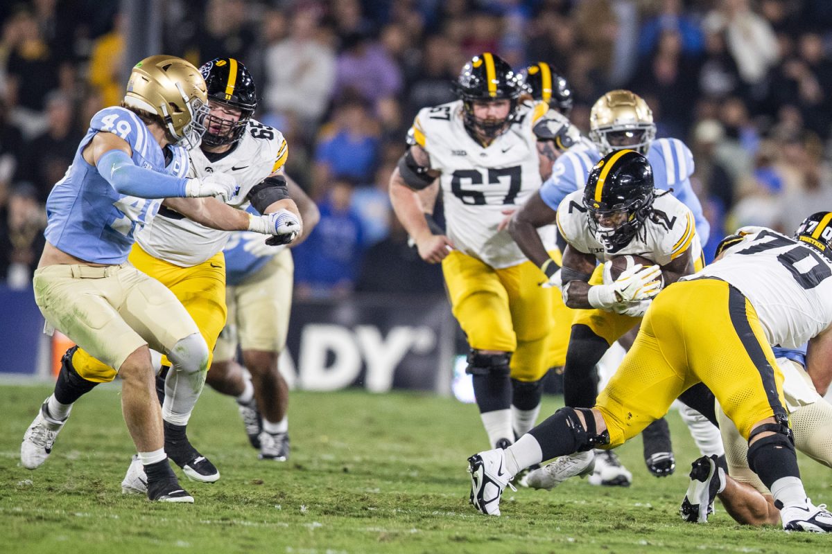 Iowa running back Kaleb Johnson carries the ball during a football game between Iowa and UCLA at the Rose Bowl Stadium in Pasadena, Calif. on Friday Nov. 8, 2024. The Bruins defeated the Hawkeyes 20-17.