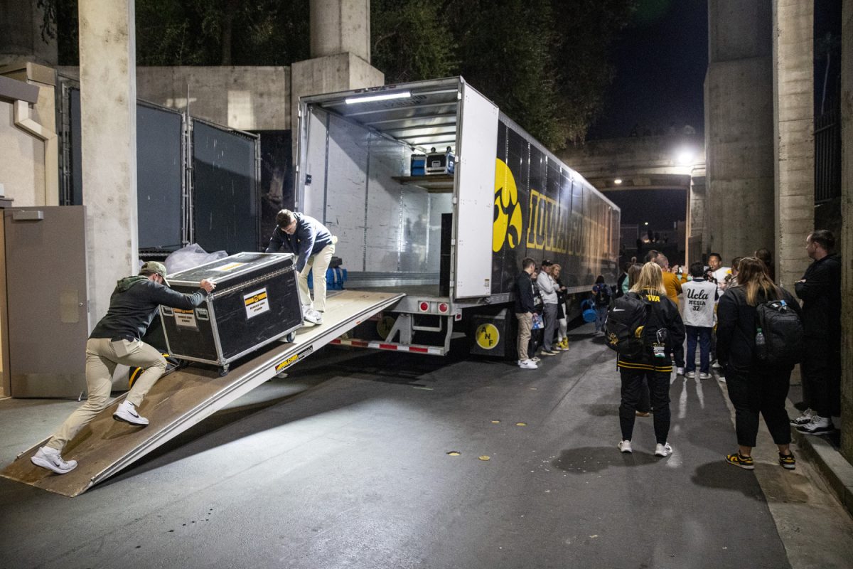 The Iowa transportation semi-truck is loaded following a football game between Iowa and UCLA at the Rose Bowl Stadium in Pasadena, Calif. on Nov. 8. The Bruins defeated the Hawkeyes 20-17