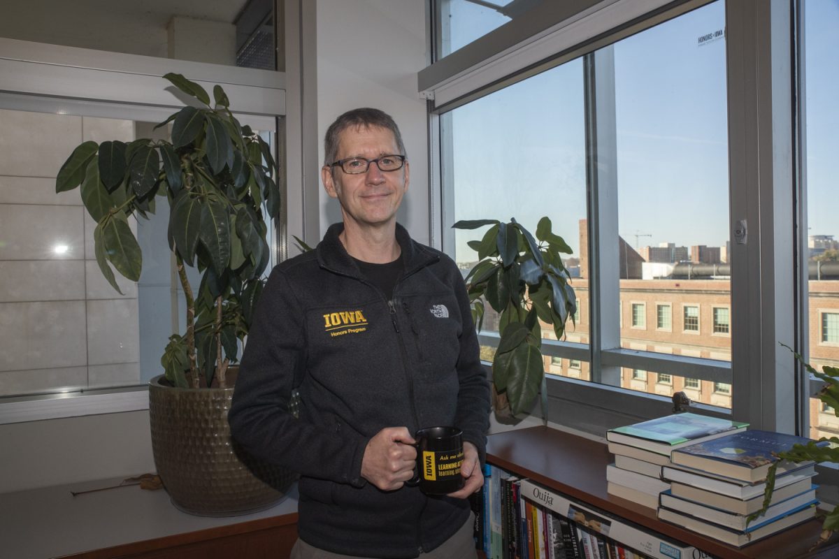 Professor Shaun Vecera poses for a portrait at his office in the Blank Honors Center on Monday, Nov. 11, 2024. Vecera is the director of the Visual Cognition Lab at the University of Iowa which studies selective attention, attentional control and distraction. 