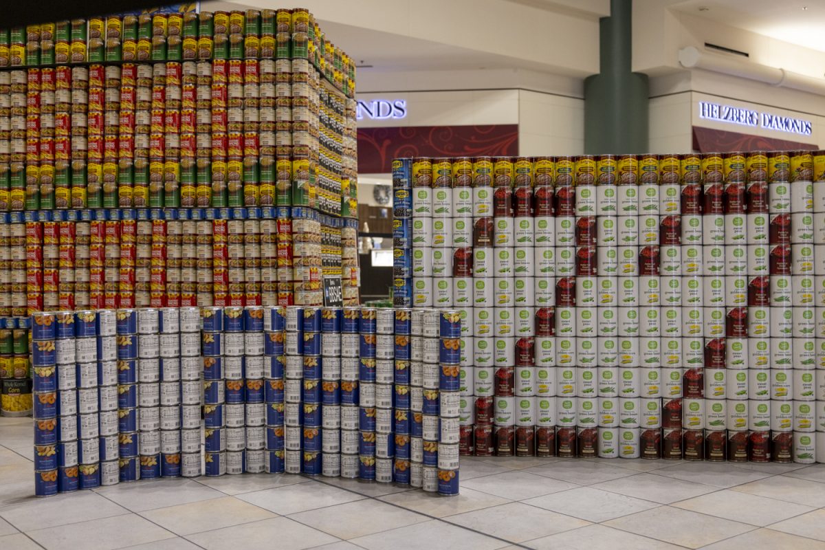 Corridor CANstruction sculptures at the Coral Ridge Mall in Coralville on Monday, Nov. 11. The public and a panel of local judges are set to vote for the best sculptures. All cans will be donated to the CommUnity Food Bank to help those in need. 