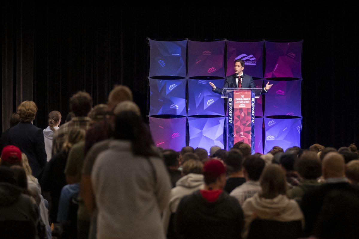 Michael Knowles, a conservative political commentator, speaks with audience members at a sponsored event in the Iowa Memorial Union’s International Ballroom on Monday, Nov. 11, 2024. Knowles spoke to the audience about several topics, including media bias, religion, and transgender identities.