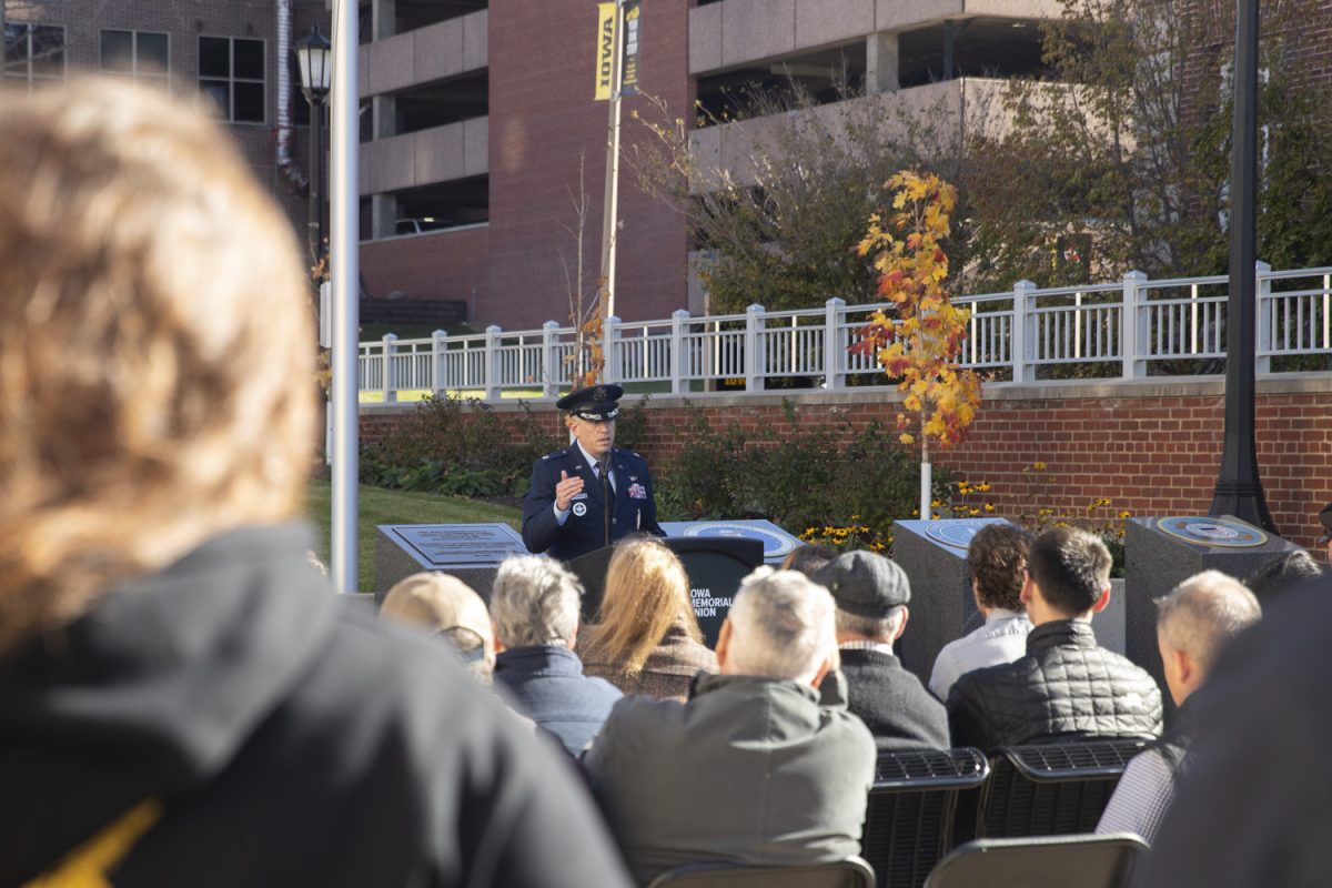 Different speakers addressed the crowd during the Veterans Day Ceremony at the Veterans Plaza by the Iowa Memorial Union on Nov. 11 in Iowa City, Iowa. The event was put on by the Veterans Association at IOWA (VAI) to celebrate Veterans Day.