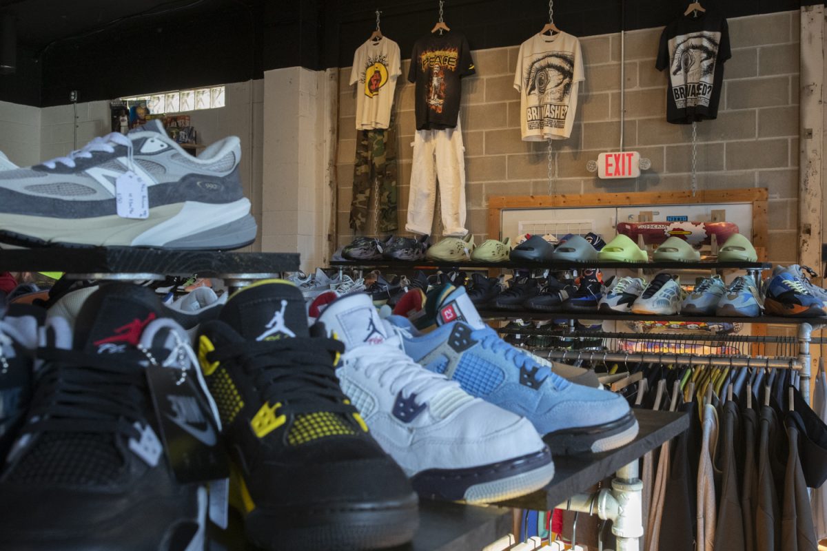 Sneakers are on display and for sale at Vice in Iowa City on Friday, Nov. 15, 2024. Vice features and resells streetwear fashion.