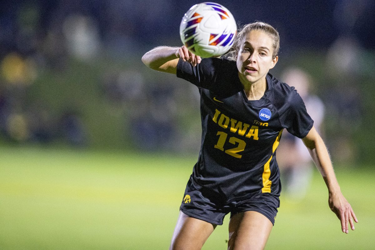 Iowa forward Lauren Geczik chases after a pass during the NCAA women’s soccer tournament first-round match between No. 3-seed Iowa and Missouri State at the University of Iowa Soccer Complex in Iowa City on Friday, Nov. 15, 2024. The Hawkeyes defeated the Bears 2-1 and will take on the winner between Fairfield and No. 6-seed Georgetown, which will be decided after their match, which is set to start Nov. 16 at 11:00 a.m. Central Standard Time.