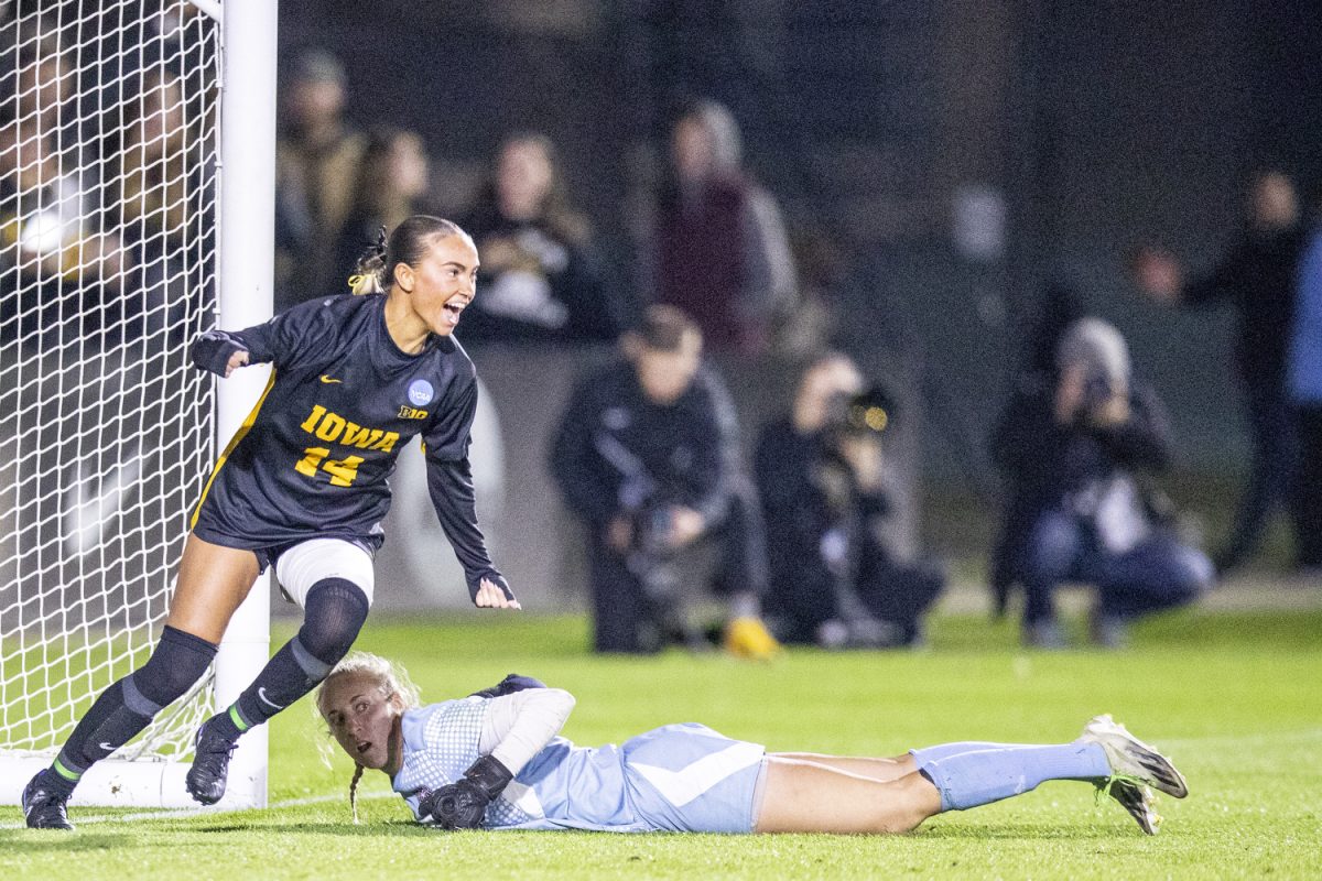 Iowa forward Meike Ingles celebrates a goal during the NCAA women’s soccer tournament first-round match between No. 3-seed Iowa and Missouri State at the University of Iowa Soccer Complex in Iowa City on Friday, Nov. 15, 2024. The Hawkeyes defeated the Bears 2-1 and will take on the winner between Fairfield and No. 6-seed Georgetown, which will be decided after their match, which is set to start Nov. 16 at 11:00 a.m. Central Standard Time.