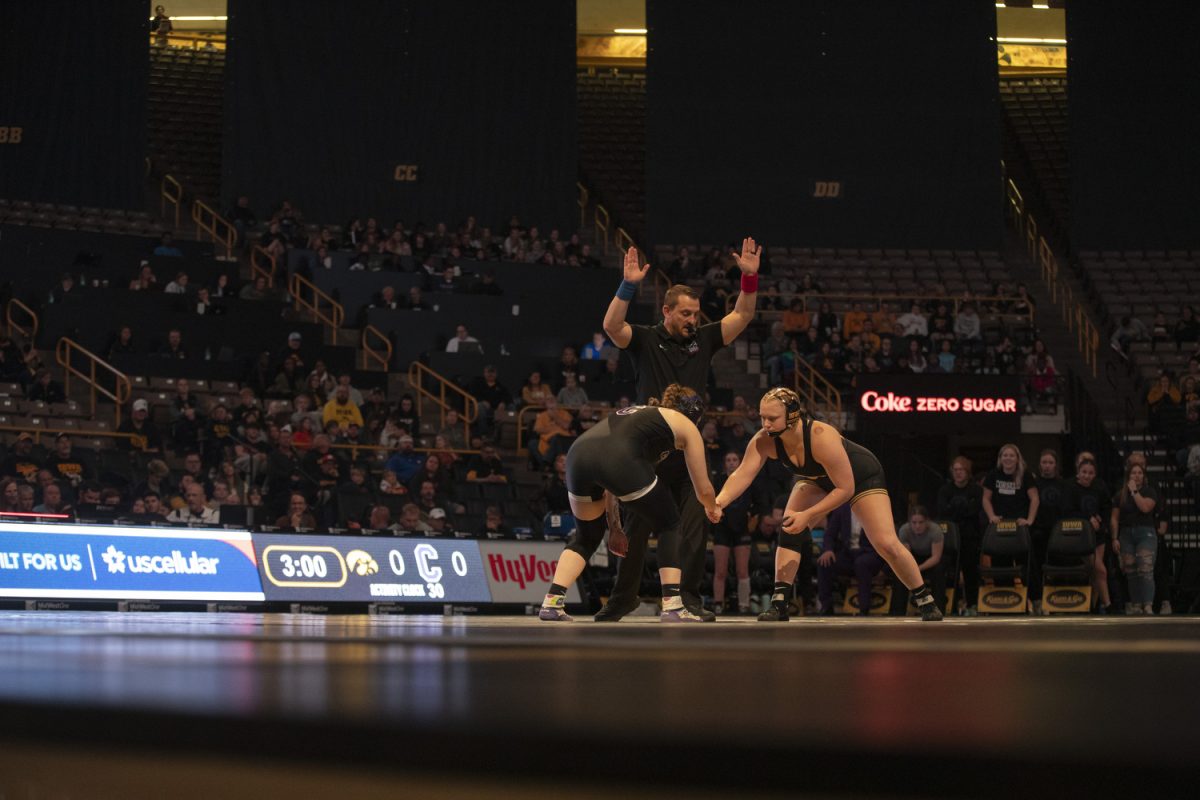 Iowa No. 7 207-pound Katja Osteen wrestles Danyia Warner during  the Trailblazer duals between No. 1 Iowa, No. 25 William Jewell College, and Cornell College at Carver-Hawkeye Arena in Iowa City on Saturday, Nov. 16, 2024. Iowa defeated Cornell, 47-0 and William Jewell, 43-3.