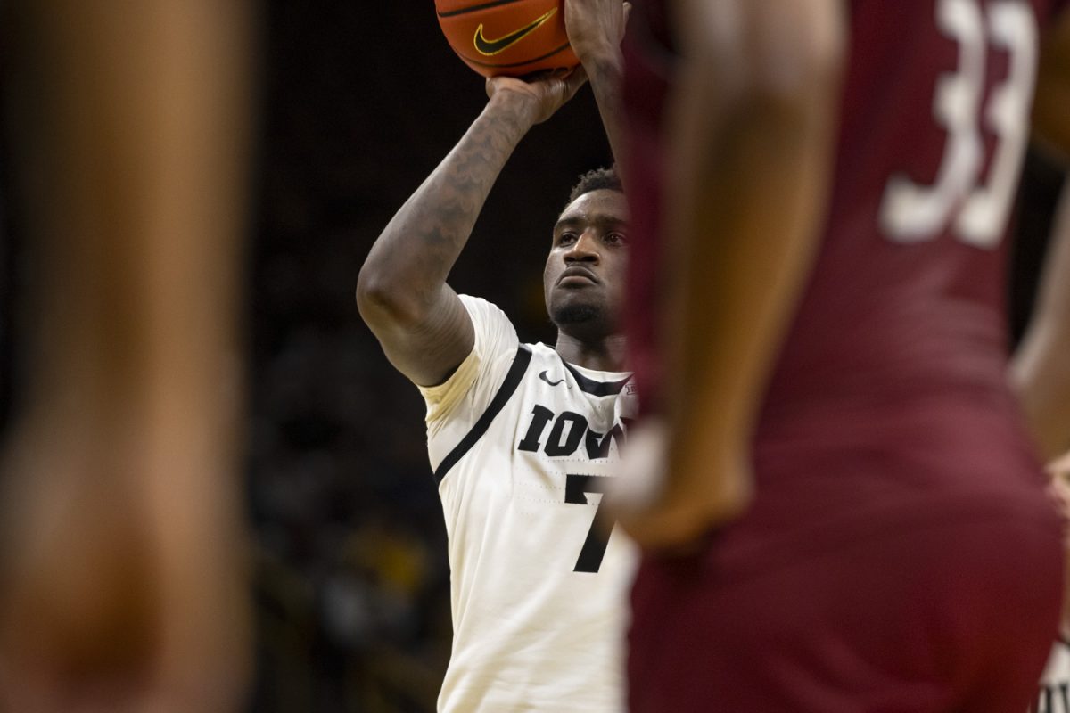 Seydou Traore shoots a free throw during an Iowa men’s basketball game against Rider University at Carver-Hawkeye Arena on Nov. 19  The Hawkeyes defeated the Broncs, 83-58.