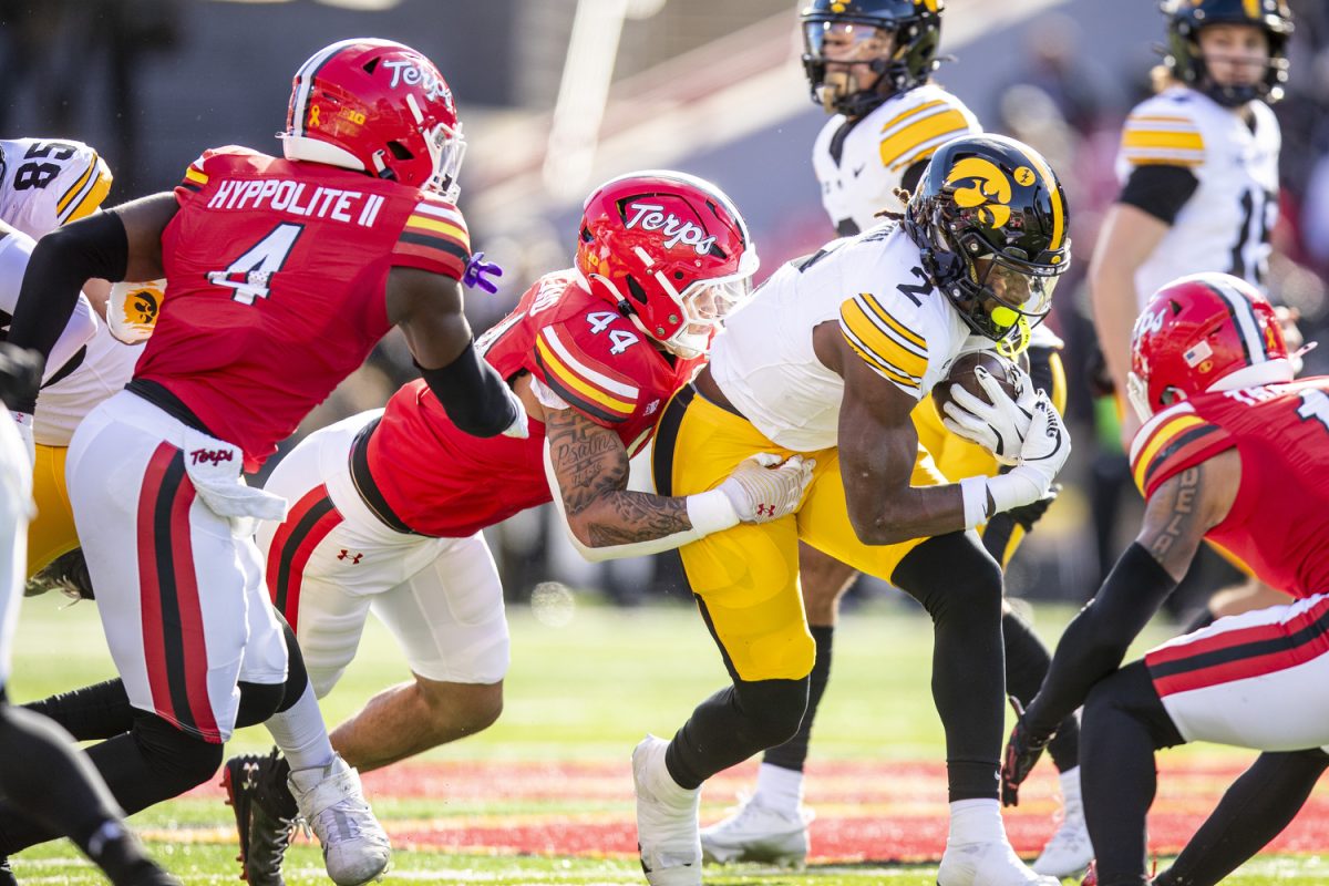 Iowa running back Kaleb Johnson carries the ball during a football game between Iowa and Maryland at SECU Stadium in College Park, Md. on Saturday, Nov. 23, 2024.