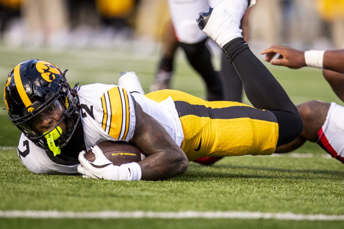 Iowa running back Kaleb Johnson gets tackled near the end zone during a football game between Iowa and Maryland at SECU Stadium in College Park, Md. on Saturday, Nov. 23, 2024.