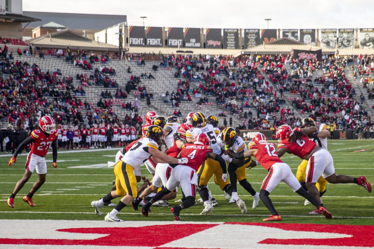Iowa running back Kaleb Johnson rushes into the end zone for a touchdown during a football game between Iowa and Maryland at SECU Stadium in College Park, Md. on Saturday, Nov. 23, 2024.