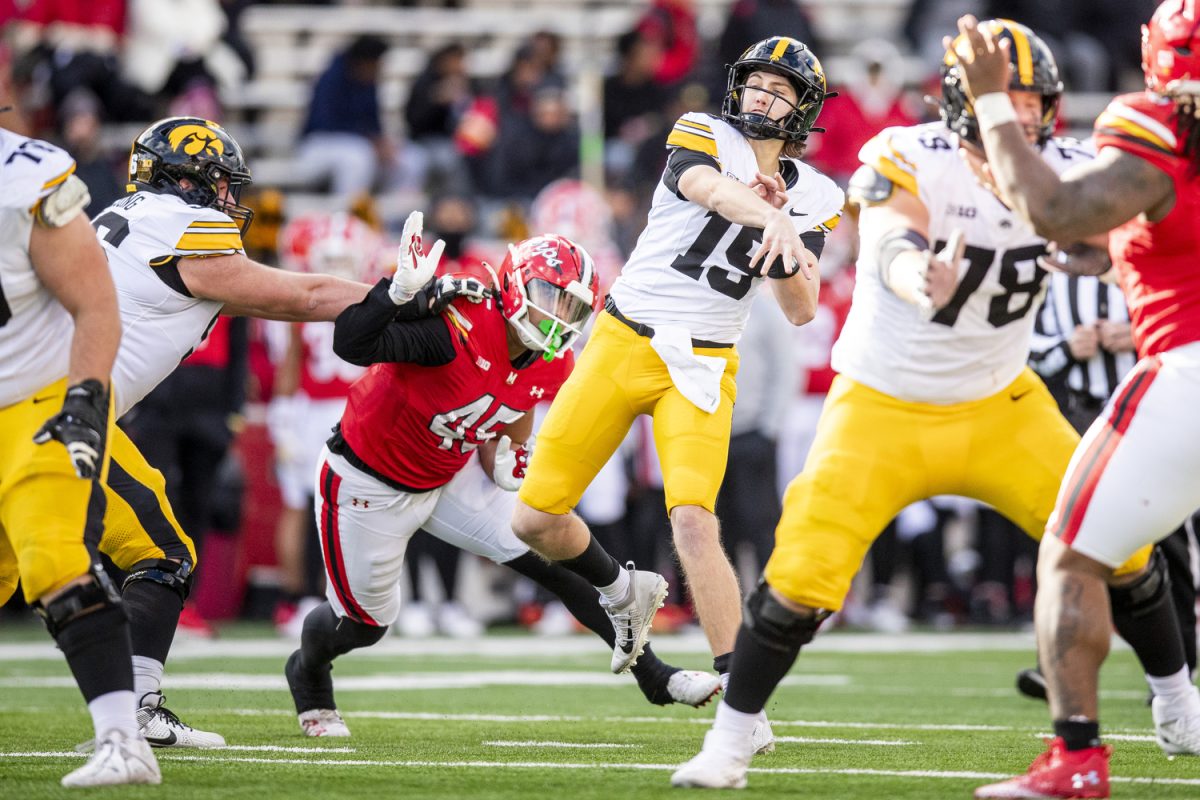 Iowa quarter back Jackson Stratton throws the ball during a football game between Iowa and Maryland at SECU Stadium in College Park, Md. on Saturday, Nov. 23, 2024. The Hawkeyes defeated the Terrapins 29-13.