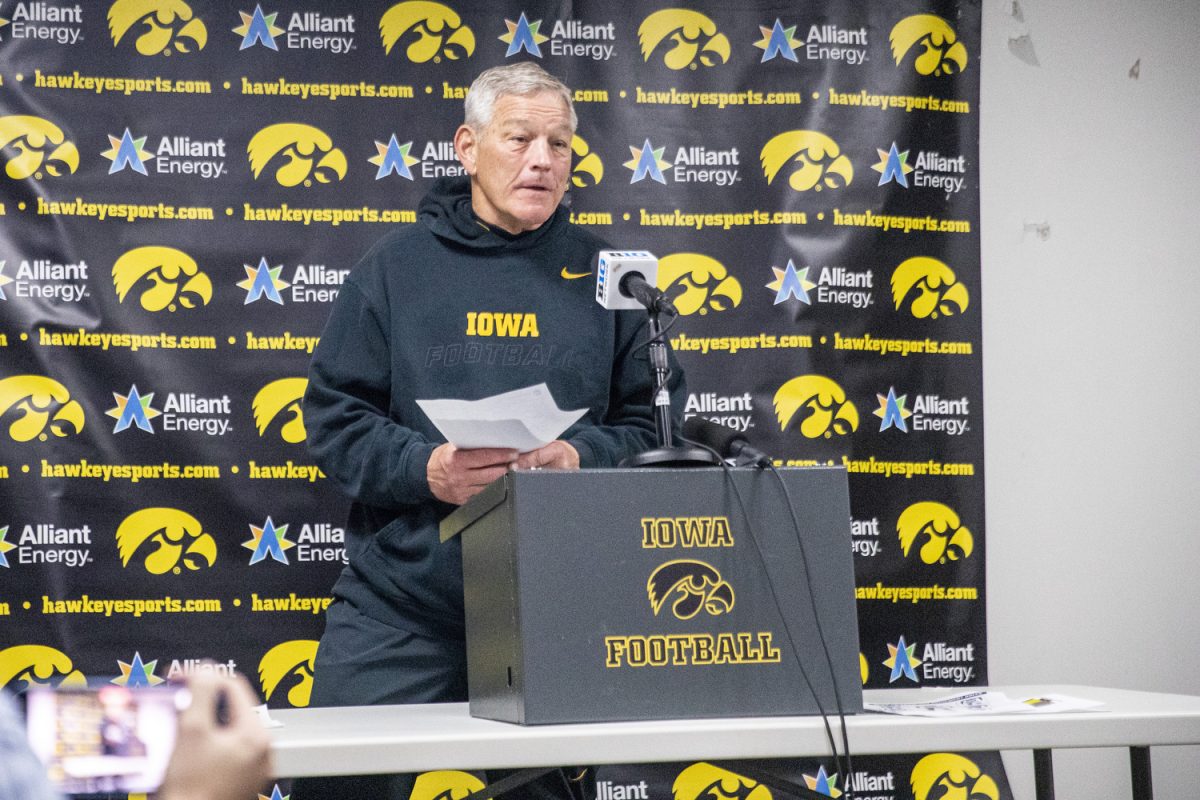 Iowa head coach Kirk Ferentz answers questions during a press conference following a football game between Iowa and Maryland at SECU Stadium in College Park, Md. on Saturday, Nov. 23, 2024. The Hawkeyes defeated the Terrapins 29-13.