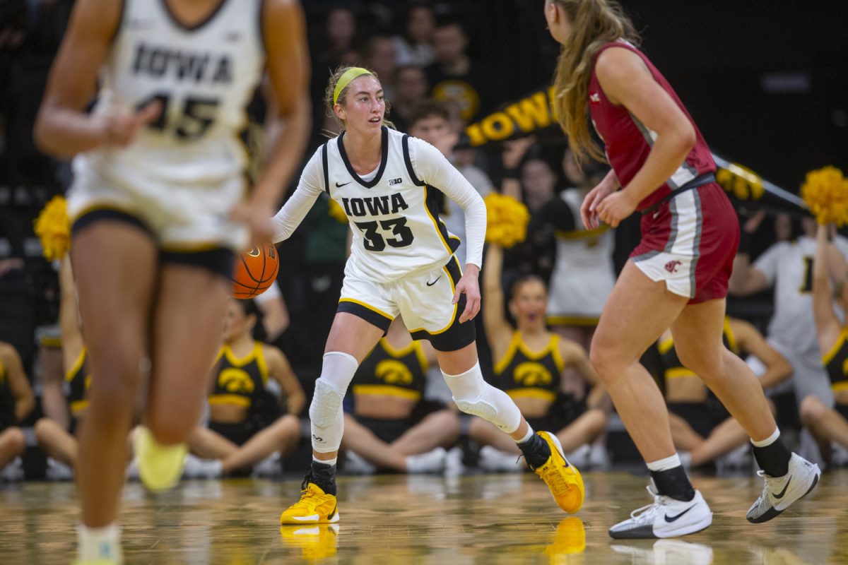 Lucy Olsen dribbles the ball during a women's basketball game between Iowa and Washington State at Carver-Hawkeye Arena in Iowa City, on Sunday, Nov. 24, 2024. The Hawkeyes defeated the Cougars 72-43.