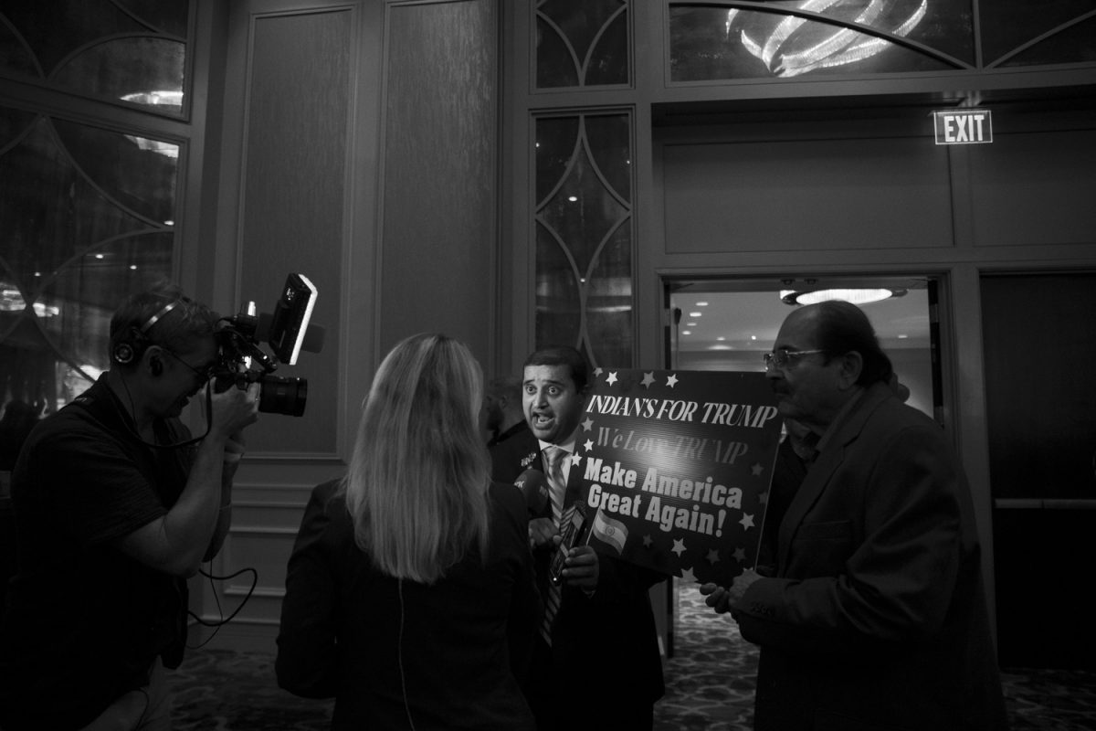 A member of “Indians for Trump” group speaks to media during a Georgia Republican Party watch party  at the Grand Hyatt Buckhead in downtown Atlanta, Ga., on Nov. 5, 2024. Georgia is one of the predominant swing states that will help determine who wins the U.S. General Election. Attendees watched Fox News’ coverage of the electoral college results, but many left before Fox News called Georgia due to a call by Newsweek’s desk.