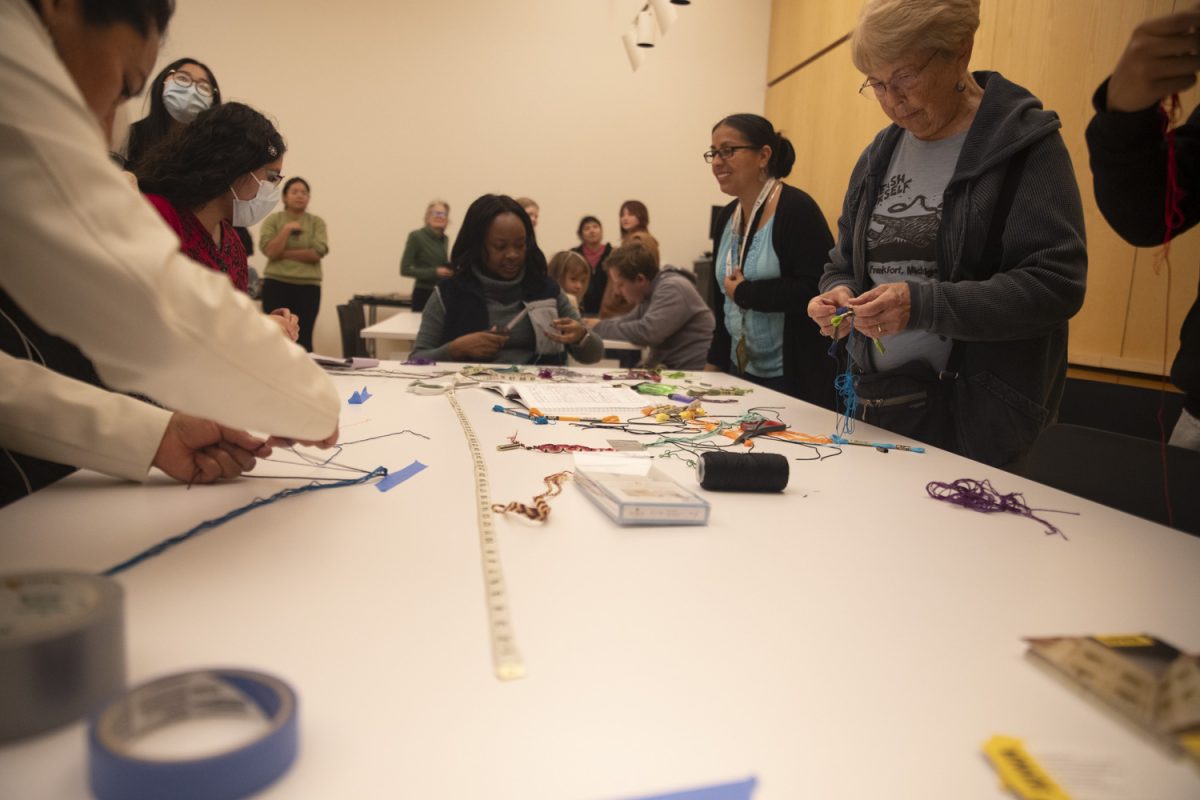 The weaving table is seen during the Weaving Connections event through the UI Women of Colour Network at the Stanley Museum of Art on Nov. 7 in Iowa City. The event consisted of a tour of the art museum, followed by a group weaving activity.