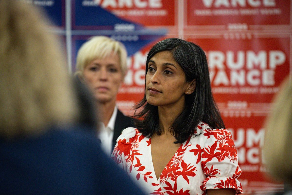 Usha Vance, wife of Republican vice presidential nominee JD Vance (R-Ohio), listens while he speaks on Sept. 5, 2024, in Phoenix.