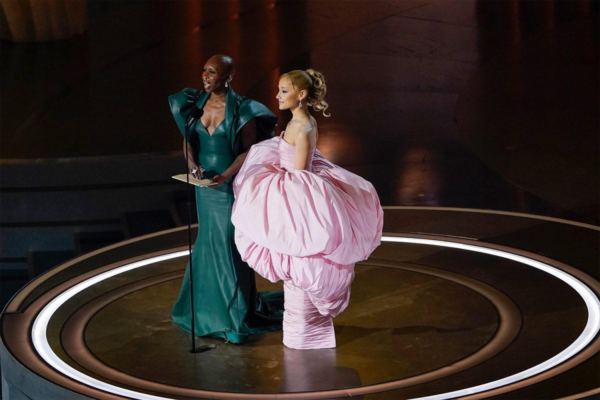 Mar 10, 2024; Los Angeles, CA, USA; Cynthia Erivo and Ariana Grande present the award for best original score during the 96th Oscars at the Dolby Theatre at Ovation Hollywood in Los Angeles on Sunday, March 10, 2024.