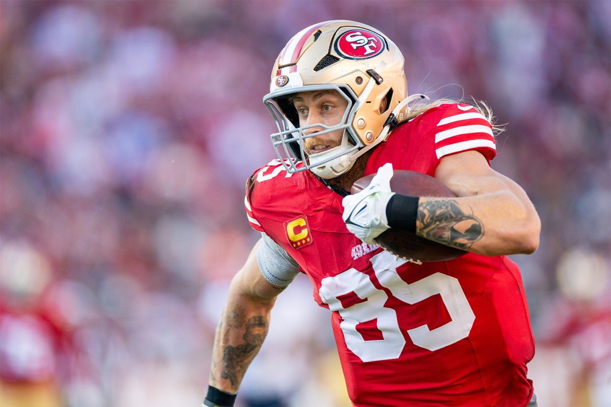 Dec 8, 2024; Santa Clara, California, USA; San Francisco 49ers tight end George Kittle (85) heads for the endzone during the second quarter against the Chicago Bears at Levi's Stadium. 