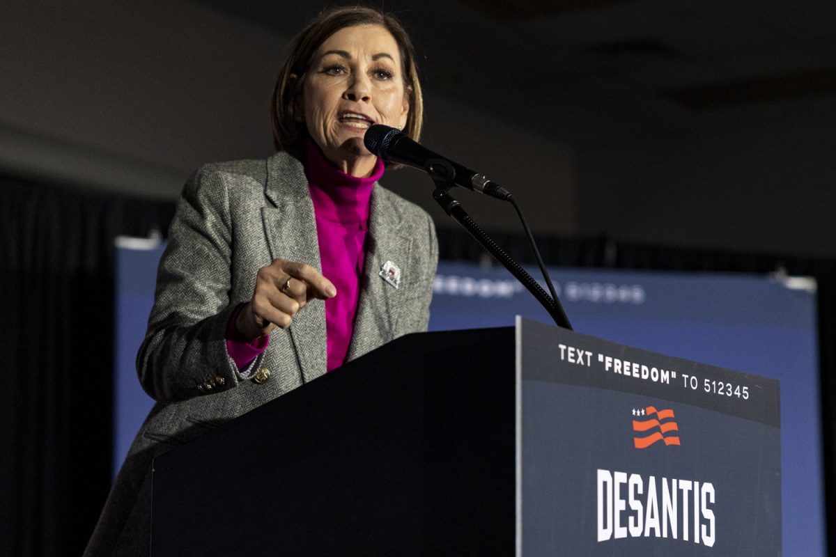 Iowa Gov. Kim Reynolds speaks during Florida Gov. Ron DeSantis' Caucus Night Watch Party at the Sheraton in West Des Moines on Monday, Jan. 15, 2024. Republican voters assembled statewide to participate in the caucuses despite the cold and extreme winter weather across the state. Former President Donald Trump won the caucuses in a dominant and early fashion with 51 percent support from Republicans while DeSantis trailed in second with 21 percent as of 11:15 p.m. Around 250 people showed up to listen to DeSantis. 