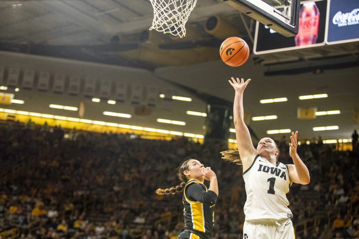 Iowa guard Taylor Stremlow goes up for a shot during a women’s basketball game between Iowa and Missouri Western State at Carver-Hawkeye Arena in Iowa City on Wednesday, Oct. 30, 2024. The Hawkeyes defeated the Griffons 110-55. 