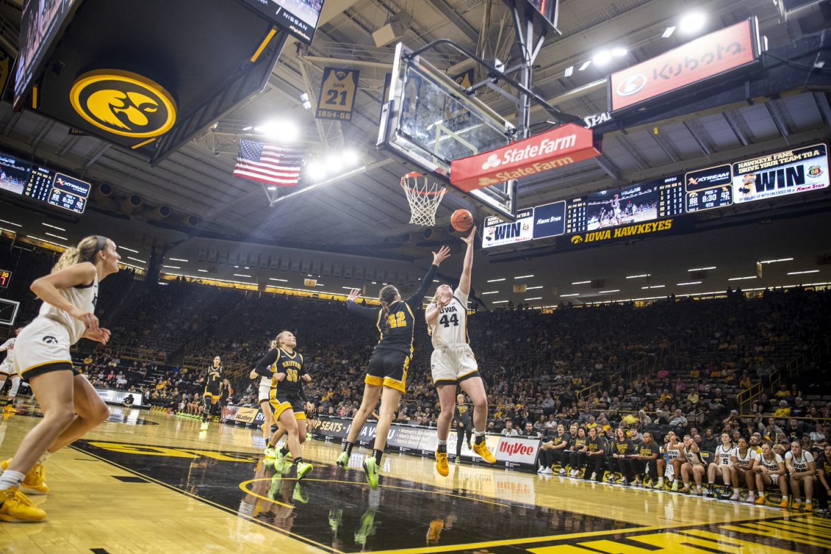 Iowa forward Addison O'Grady goes up for a shot during a women’s basketball game between Iowa and Missouri Western State at Carver-Hawkeye Arena in Iowa City on Wednesday, Oct. 30, 2024. The Hawkeyes defeated the Griffons 110-55. 