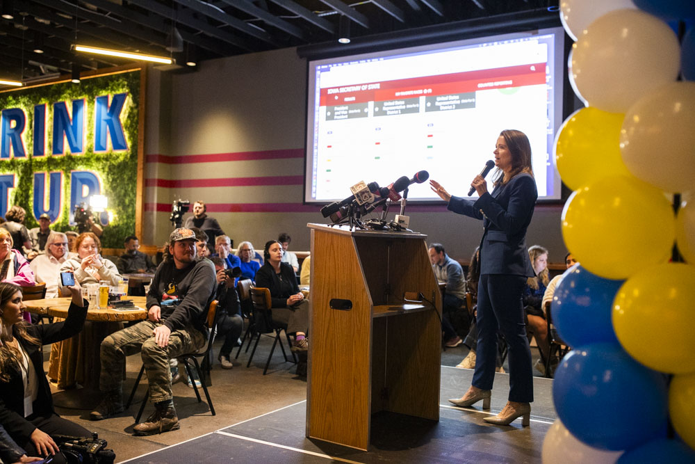 Christina Bohannan adresses the crowd at her watch party as a candidate for the U.S. House of Representatives in Iowa City on Nov. 5. Johnson County gave over 70 percent of its vote to Bohannan, giving her a large boost in the race to oust Republican incumbent Mariannette Miller-Meeks. Bohannan fell short by 800 votes.