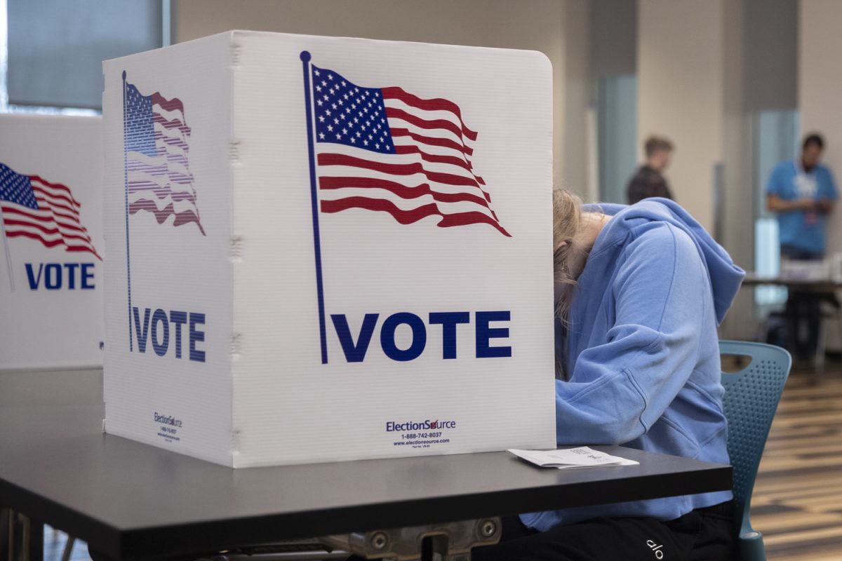 A student votes at Petersen Residence Hall on Election Day in Iowa City on Tuesday, Nov. 5, 2024. Iowa polls were open from 7 a.m. to 8 p.m.