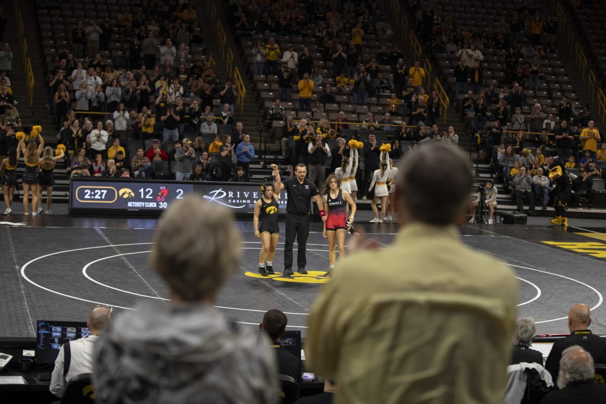 Iowa No. 1 117-pound Briana Gonzalez wins a match against William Jewell College No. 9 117-pound Alex Waitsman during  the Trailblazer duals between No. 1 Iowa, No. 25 William Jewell College, and Cornell College at Carver-Hawkeye Arena in Iowa City on Saturday, Nov. 16, 2024. Iowa defeated Cornell, 47-0 and William Jewell, 43-3.