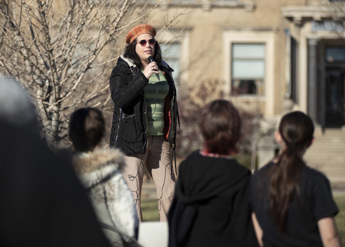 Incoming Iowa House Representative Aime Wichtendahl speaks with attendees at a human rights protest at Greene Square Park in Cedar Rapids on Dec. 8. “I know this next year will be difficult,” Wichtendahl said. “I will be fighting every single day that I can, because at the end of the day, I still believe that Iowa is still my home.”