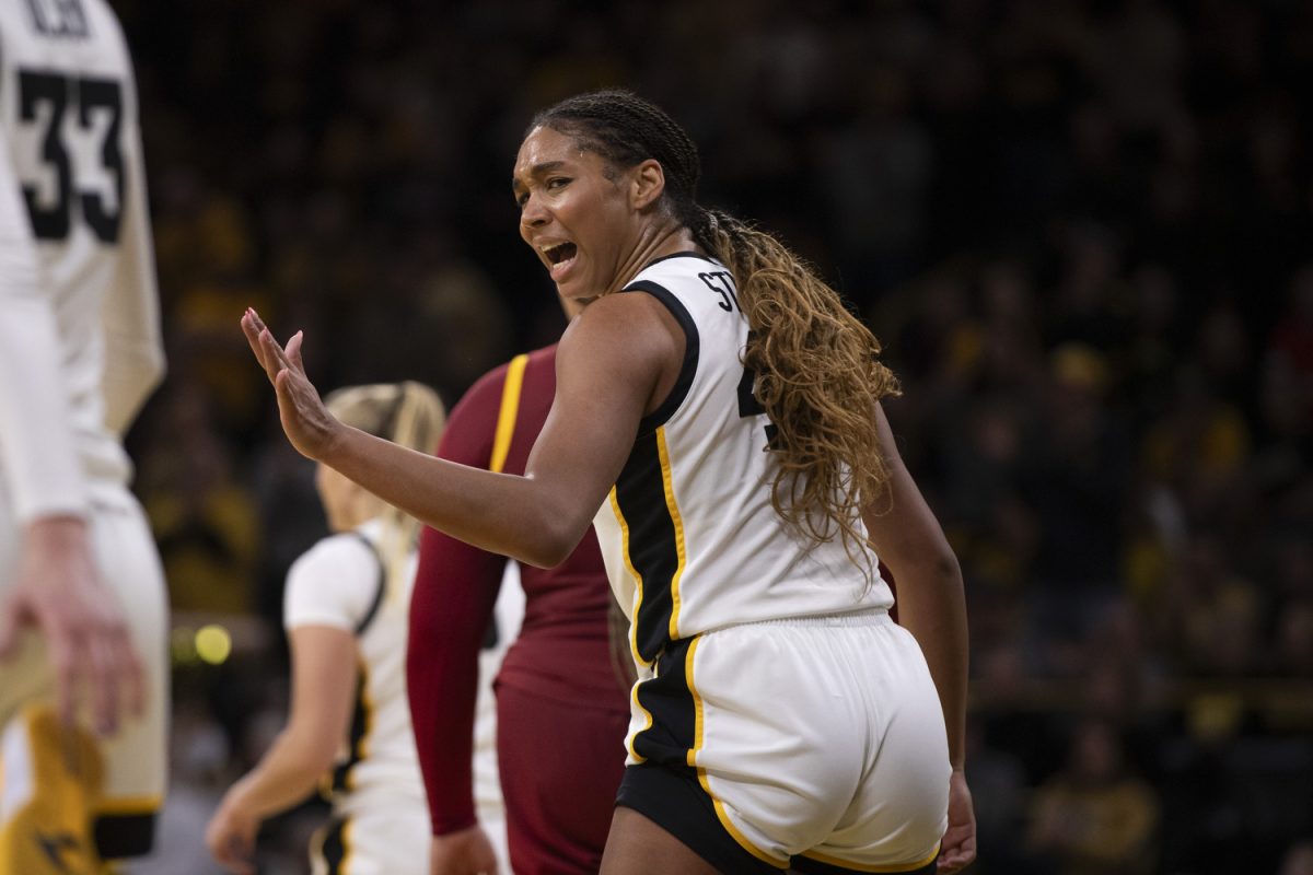 Hannah Stuelke reacts to a call during the Iowa Corn Cy-Hawk Series, a basketball game between Iowa and Iowa State at Carver-Hawkeye Arena in Iowa City, Iowa on Wednesday, Dec. 11, 2024. The Hawkeyes defeated the Cyclones 75-69.