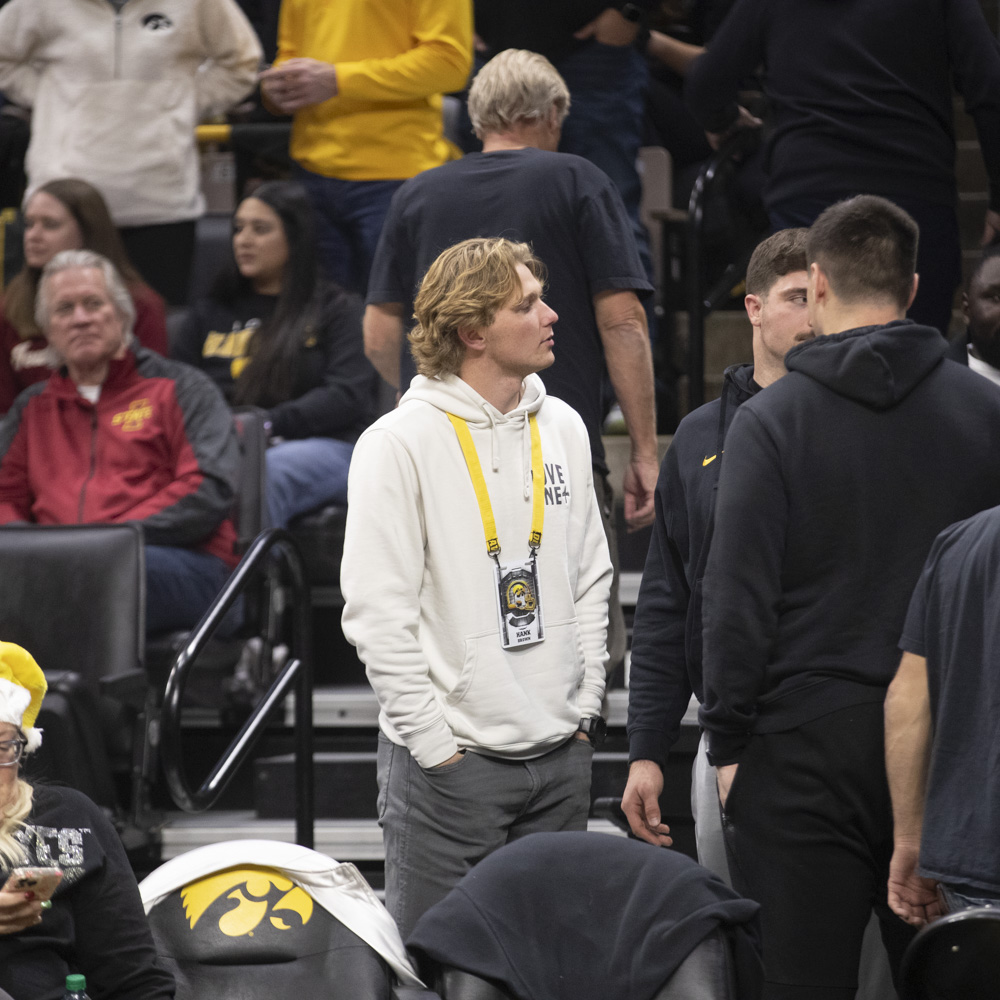 Quarterback recruit, Hank Brown, is seen during an Iowa mens basketball game against Iowa State in the Cy-Hawk series at Carver-Hawkeye Arena on Dec. 12 in Iowa City, Iowa. The Cyclones defeated the Hawkeyes, 89-80.