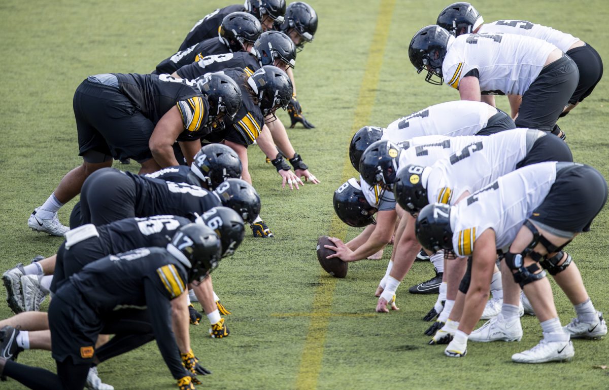 Iowa defensive and special teams players practice during an Iowa football practice at Ensworth High School in Nashville, Tenn., on Friday, Dec. 27, 2024. The Iowa Hawkeyes and Missouri Tigers will face off in the 2024 TransPerfect Music City Bowl on Monday, Dec. 30, at Nissan Stadium.