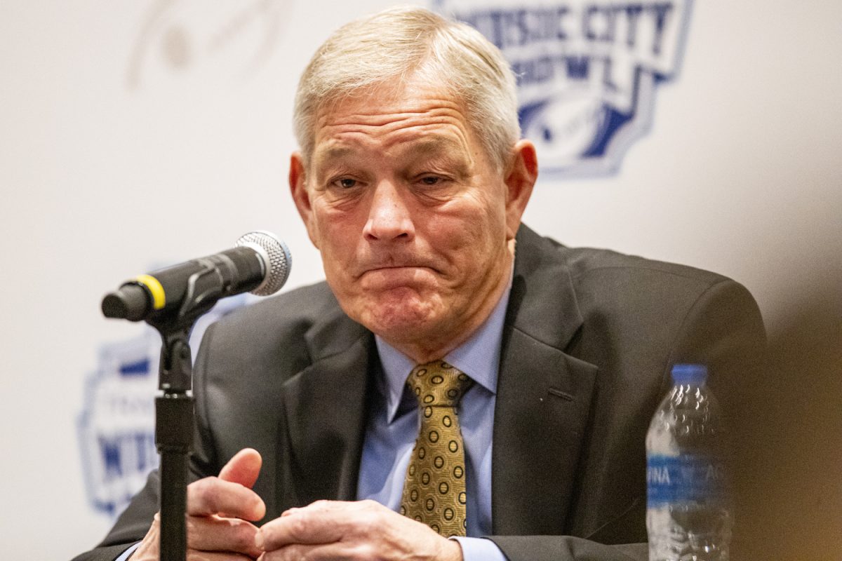 Iowa head coach Kirk Ferentz listens to a question during a press conference in the Gaylord Opryland Resort in Nashville, Tenn., on Sunday, Dec. 29, 2024. Head coaches Kirk Ferentz and Eliah Drinkwitz, as well as both team's defensive and offensive coordinators, spoke about the game and answered questions from the media. The Iowa Hawkeyes and Missouri Tigers will face off in the 2024 TransPerfect Music City Bowl on Monday, Dec. 30, at Nissan Stadium.